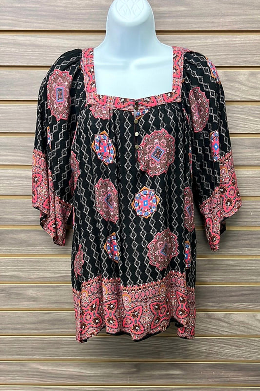 Mittoshop - Women's Boho Paisley Square Neck Half Button Blouse