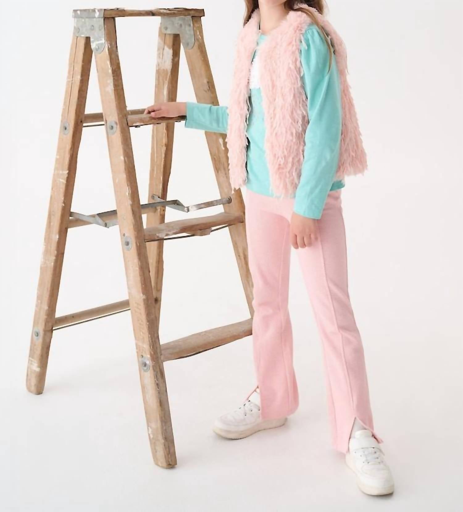 Hatley Feather Faux Fur Vest in pink - kids' blouse - detail view