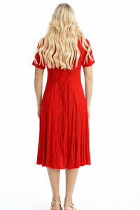 Orientique Essentials Rayon Dobby Short Sleeve Godet Dress in scarlet - women's dress - detail view