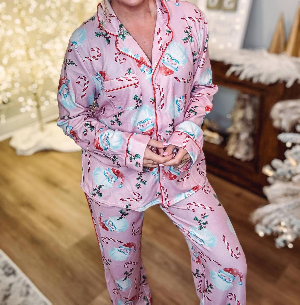 Peach Love - Santa And Candy Cane Fleece Pajama Top