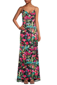 Liv Foster - Floral Print V-neck Spaghetti Strap Satin Gown