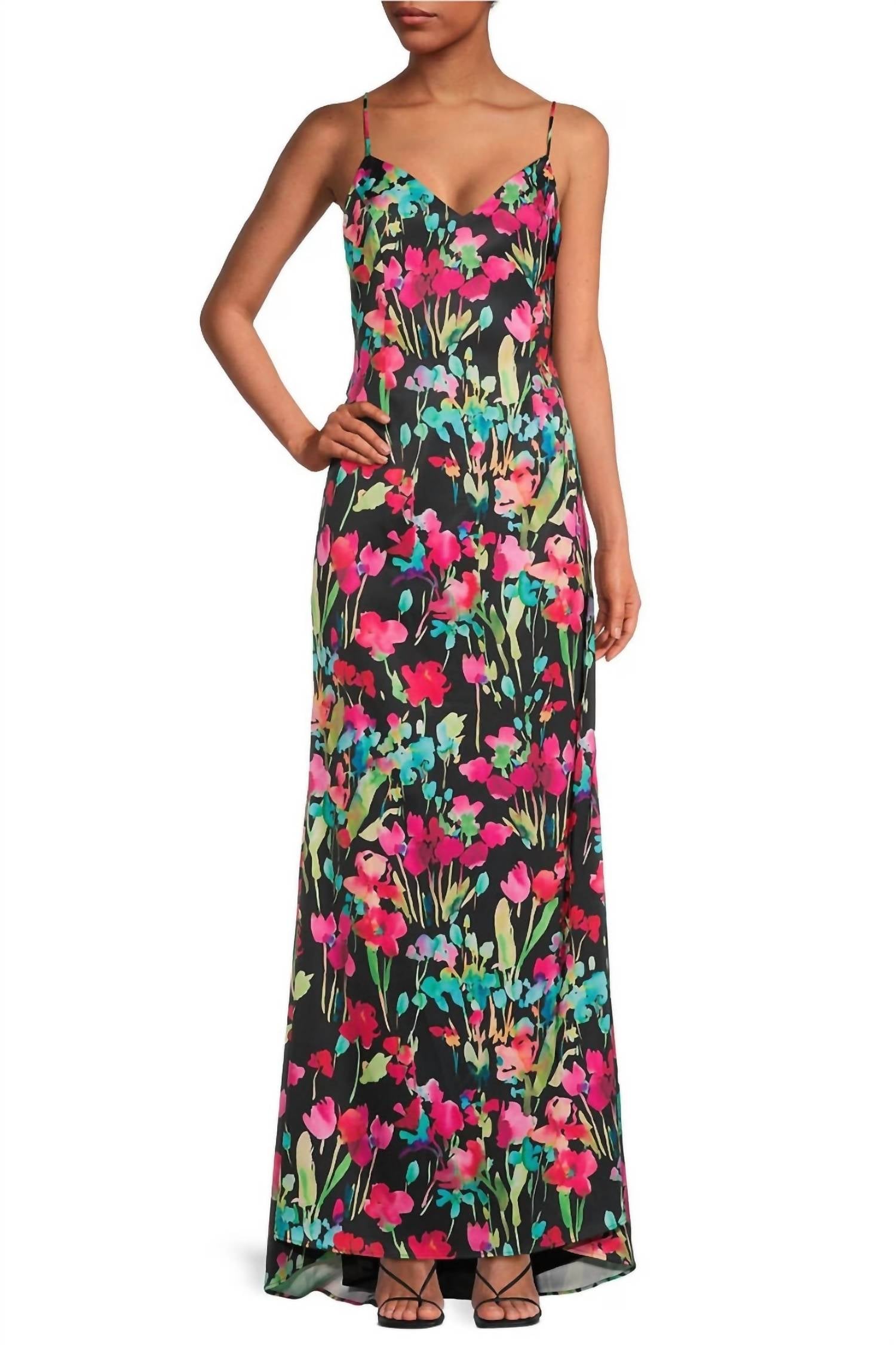 Liv Foster - Floral Print V-neck Spaghetti Strap Satin Gown