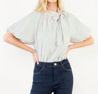 THML Puff Sleeve Striped Top in green pink - women's blouse - detail view