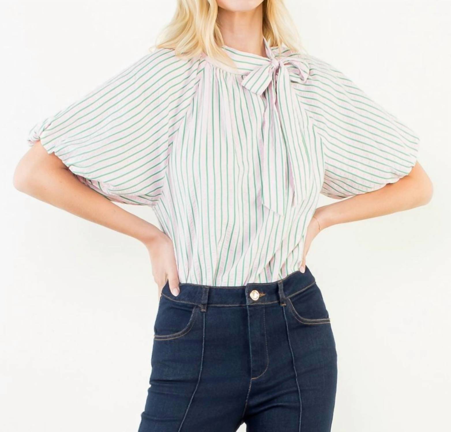 THML Puff Sleeve Striped Top in green pink - women's blouse - detail view