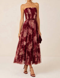 Hutch - Graphic Romantic Floral Pleated Strapless Midi Dress