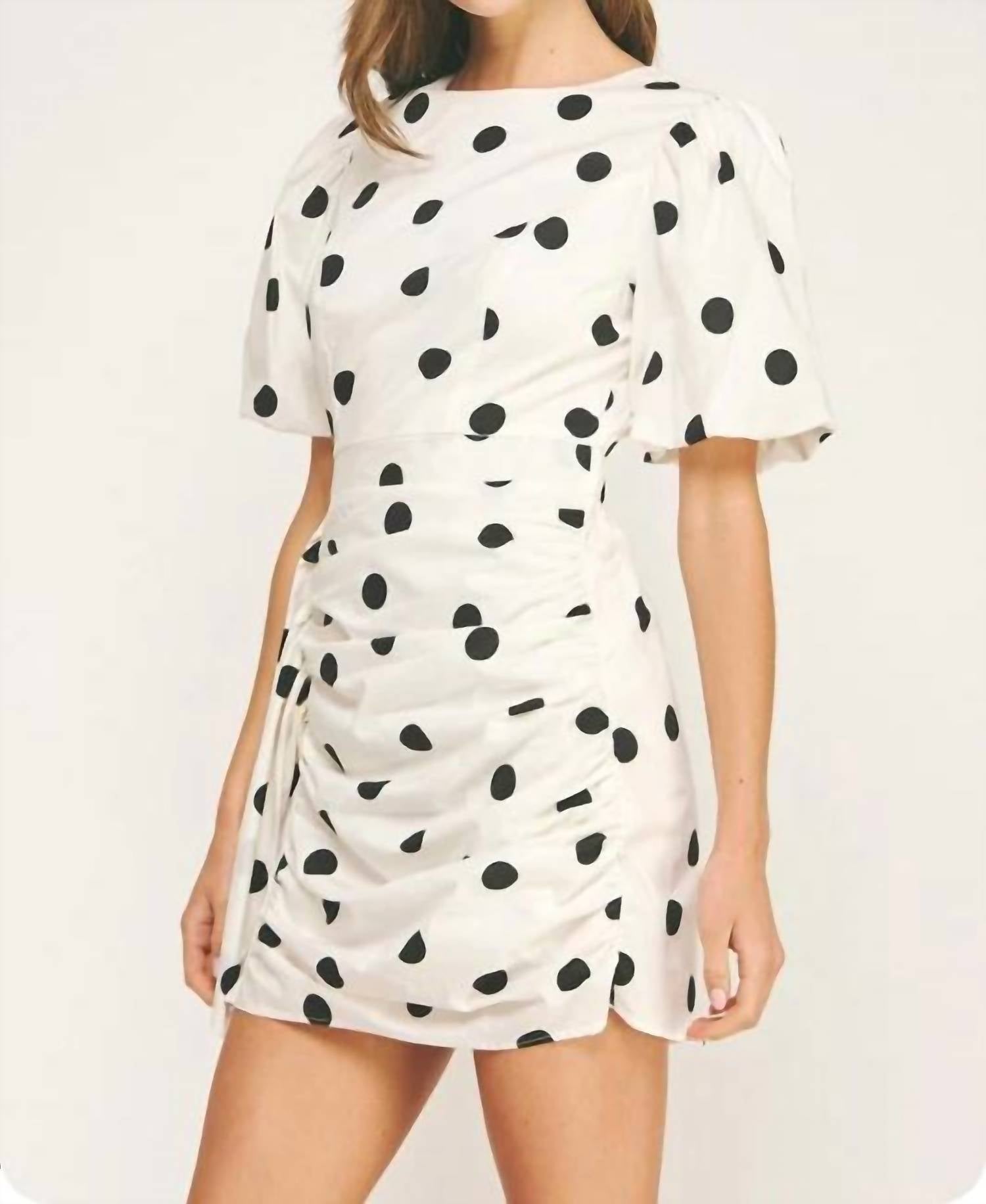 Strut & Bolt - Pamela Ruched Short Puff Sleeve Polka Dot Voile Mini Dress