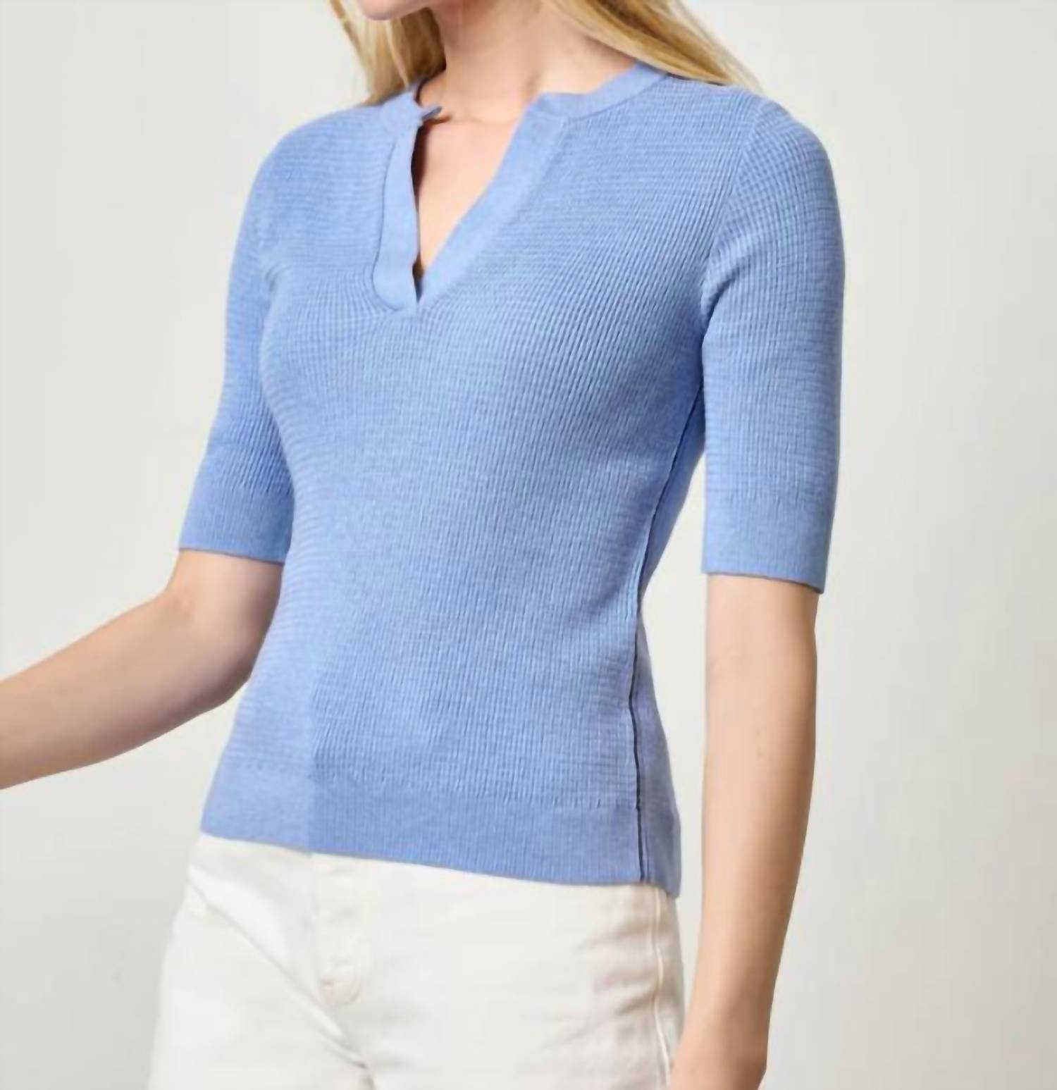Lilla P - Women's Elbow Sleeve Split Neck Sweater Top