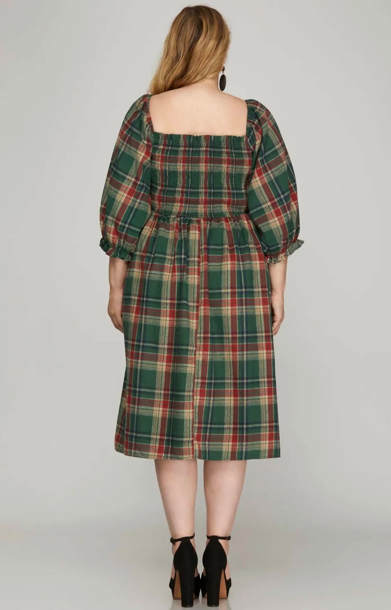 She + Sky - Plaid Smocked Midi Dress - Plus
