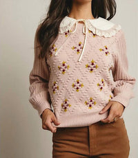 Forte - Embroidered Puff Sleeve Knit Sweater
