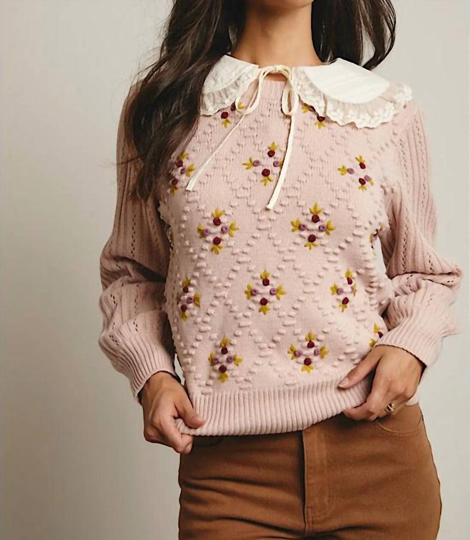 Forte - Embroidered Puff Sleeve Knit Sweater