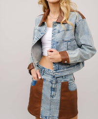 Blue B - Faux Leather Color Block Denim Jacket