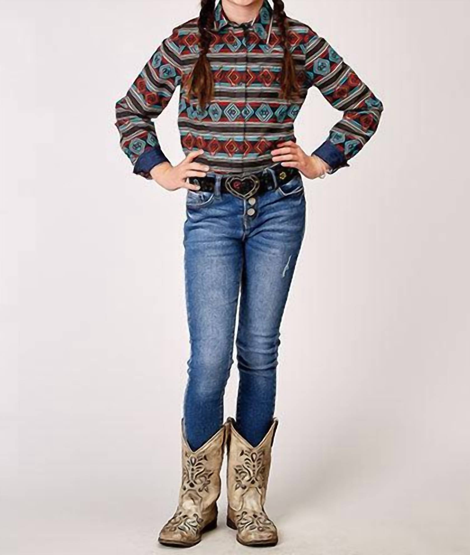 Roper - Girl's Horizontal Print Design Aztec Stripe Print Shirt
