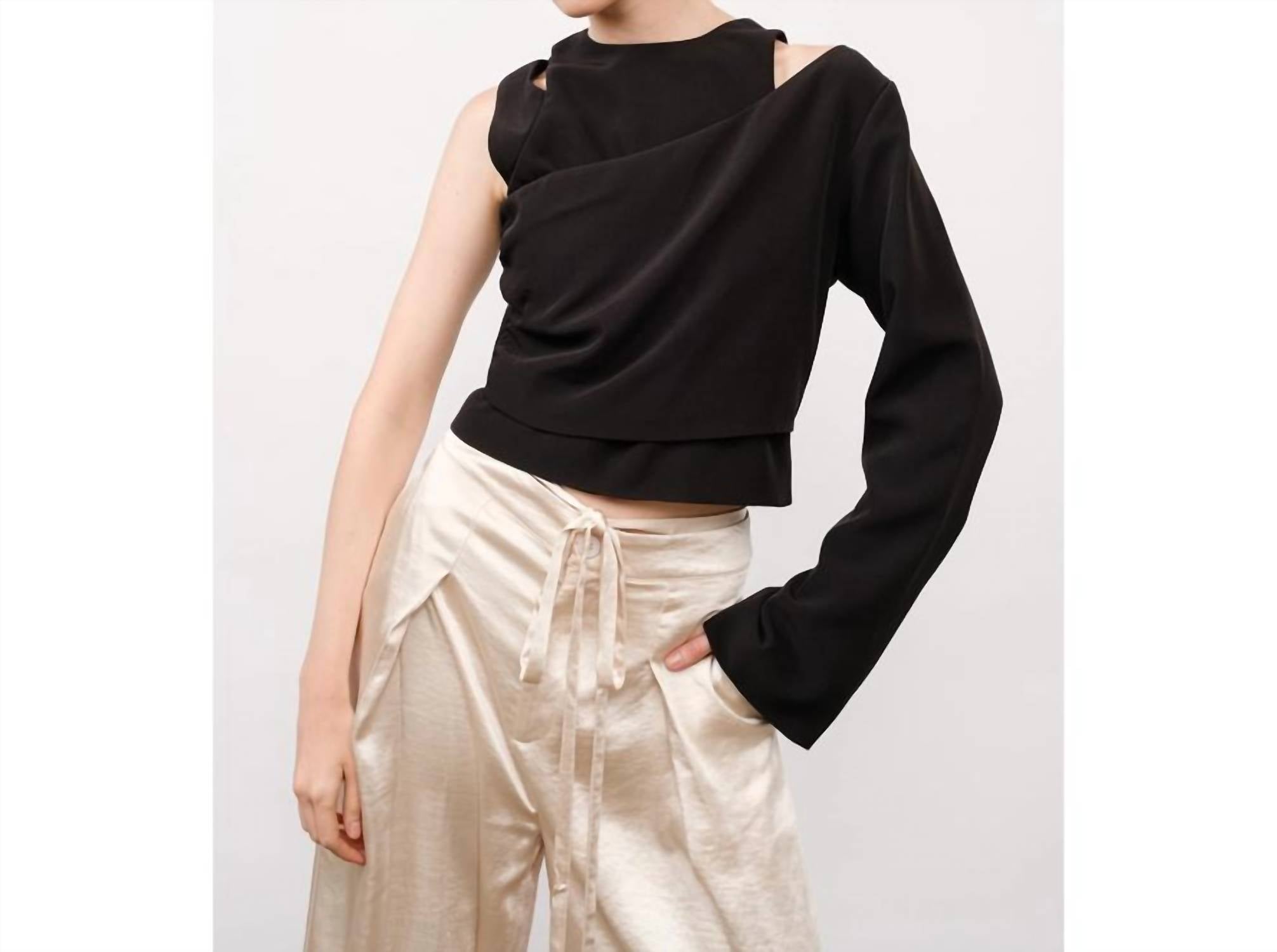 Ina Fashion - Round Neck Asymmetrical Sleeve Cut-out Crop Top