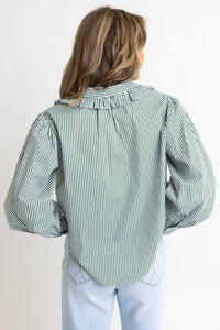 Karlie Striped Ruffle Trim Top in green - women's long sleeve top - detail view
