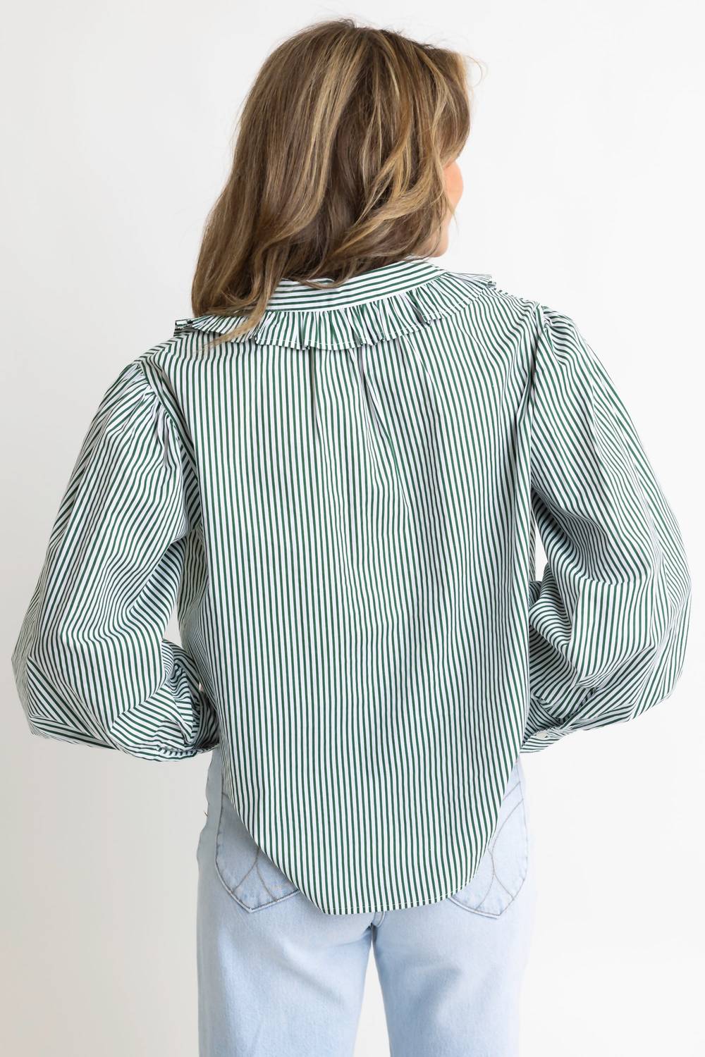 Karlie Striped Ruffle Trim Top in green - women's long sleeve top - detail view