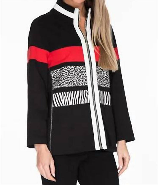 3/4 Sleeve Zip Thru collar Solid Twill Knit & Print Jersey Knit Jacket