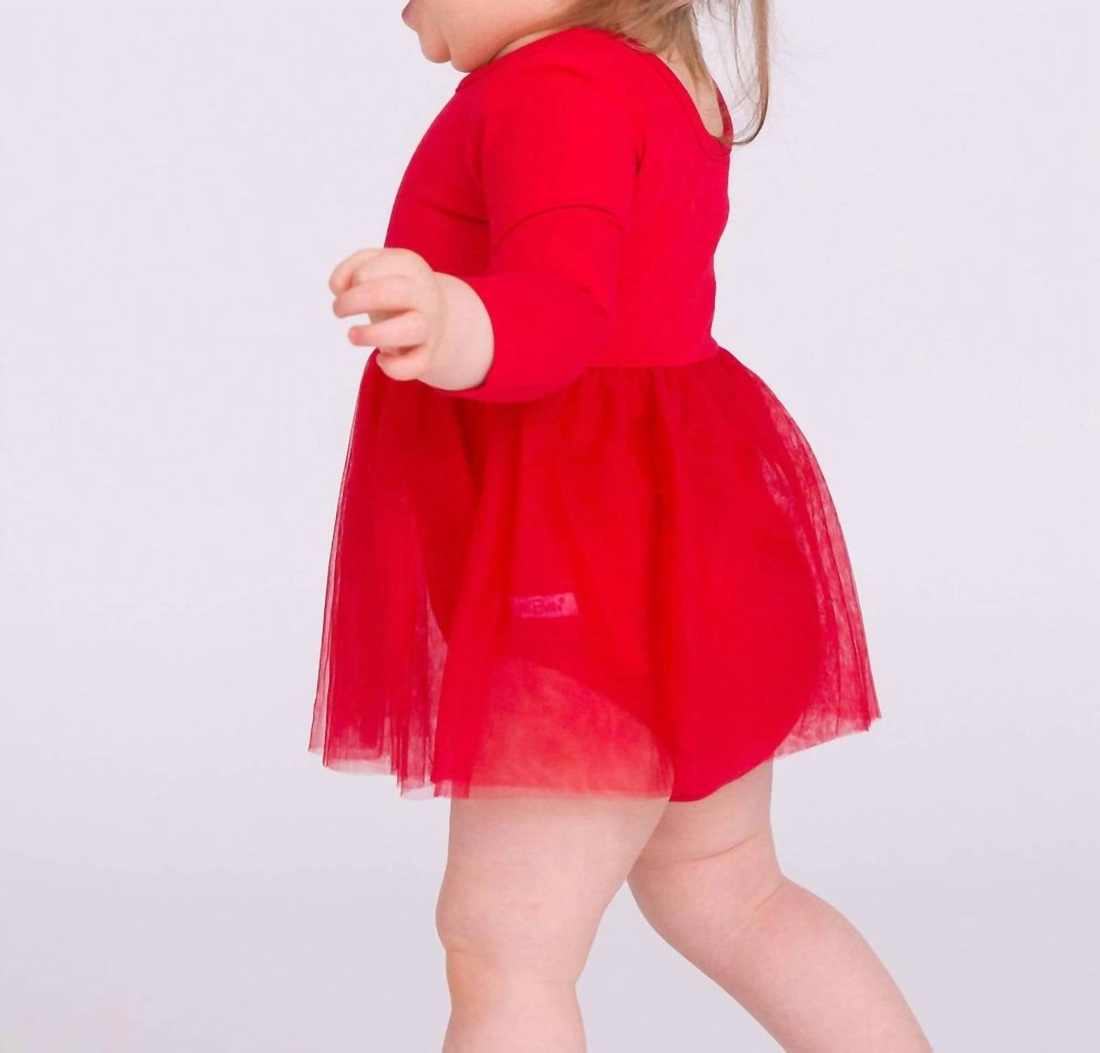 RuffleButts Long Sleeve Tulle Romper Dress in red - kids' dress - detail view