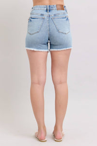 Judy Blue High Waist Tummy Control Light Destroy & Fray Hem Shorts in blue - women's shorts - alternate view