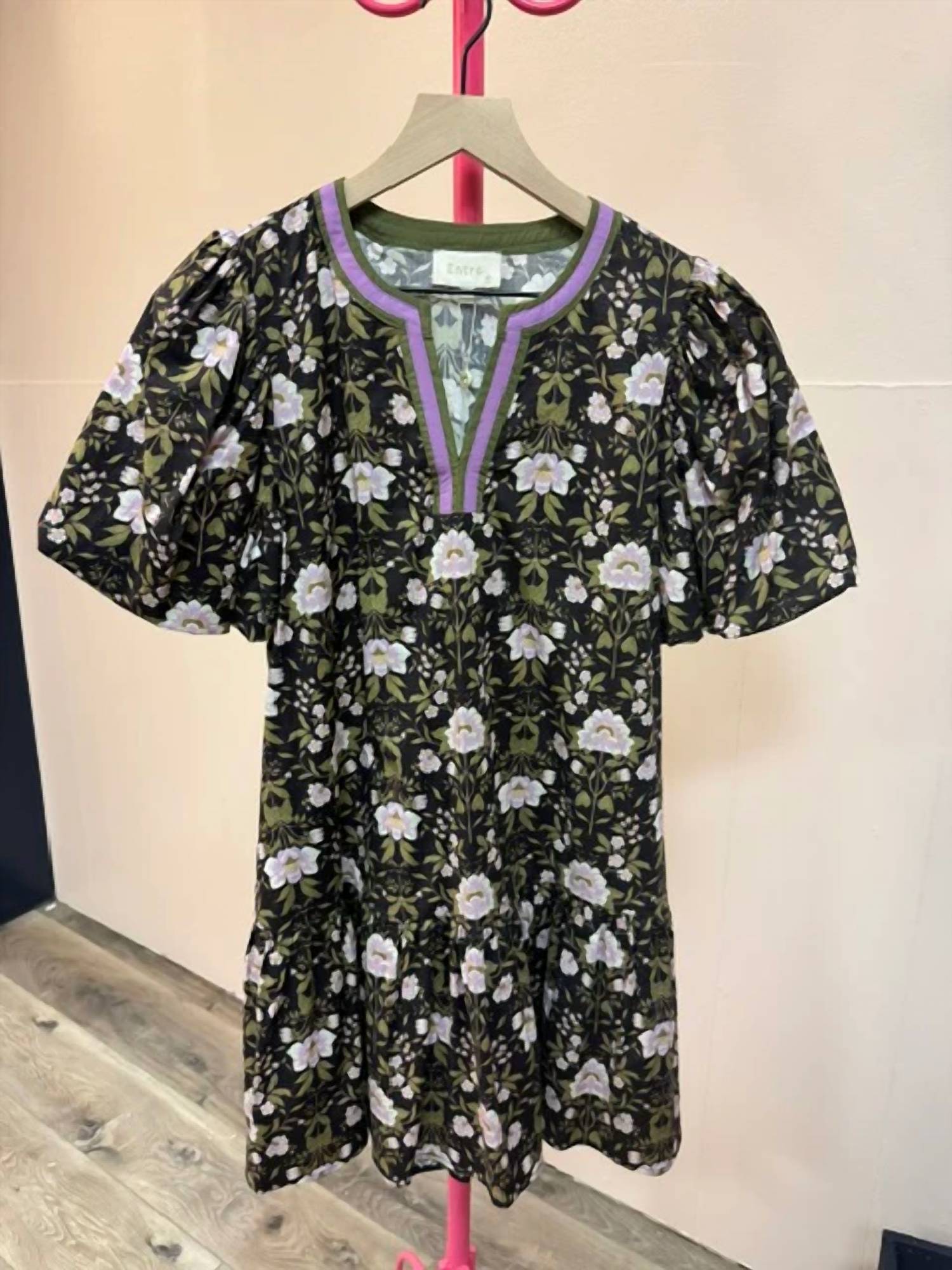 Entro - Floral Print Short Puff Sleeve Mini Dress