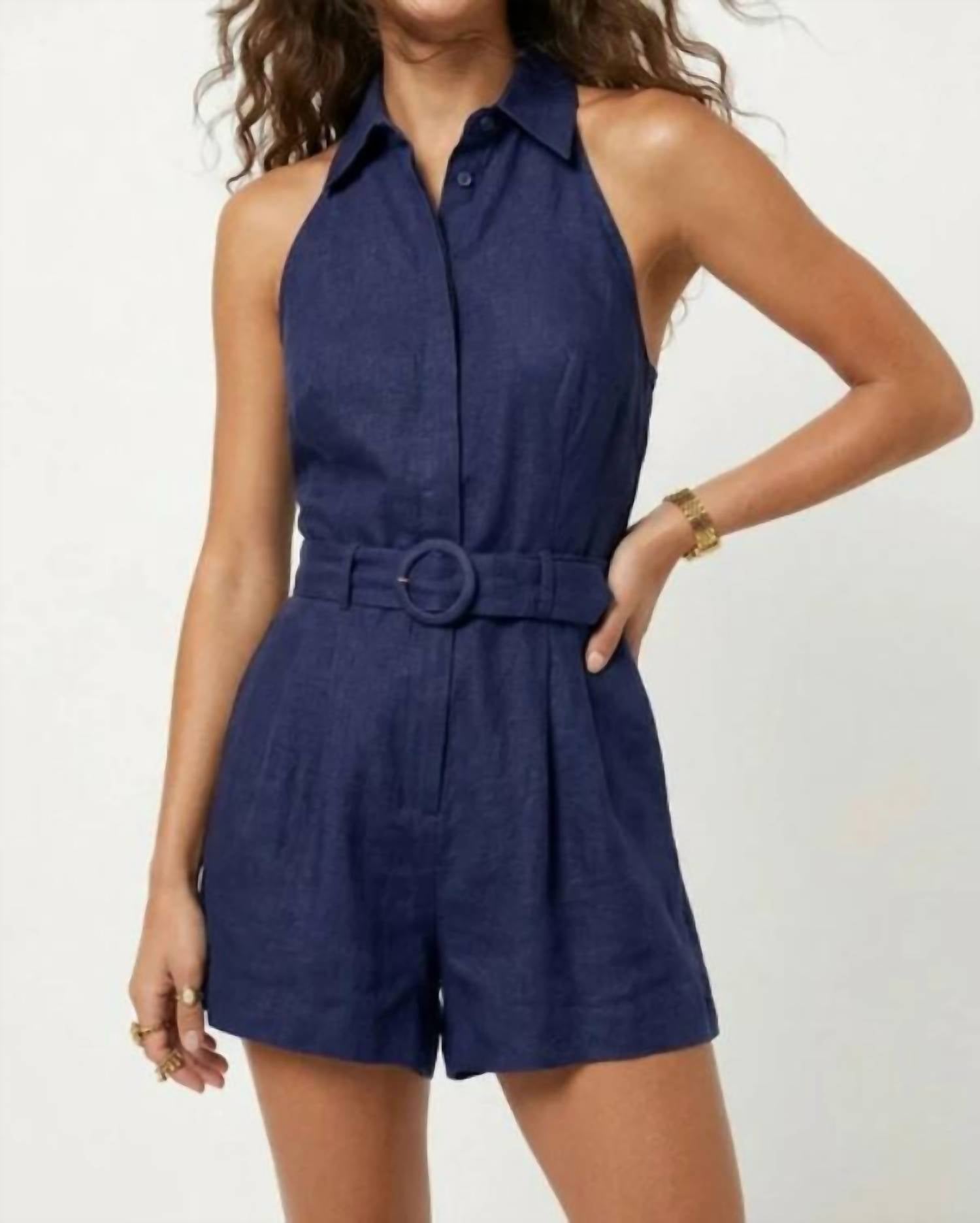 Mint Exclusives - Belted Linen Blend Halter Romper