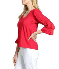 APNY Knit V-neck 3/4 Puff Sleeve Blouse in coral - women's blouse - detail view