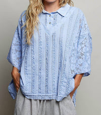 Pol - Lace Patch Solid Lightweight Short Sleeve Collared Knit Top