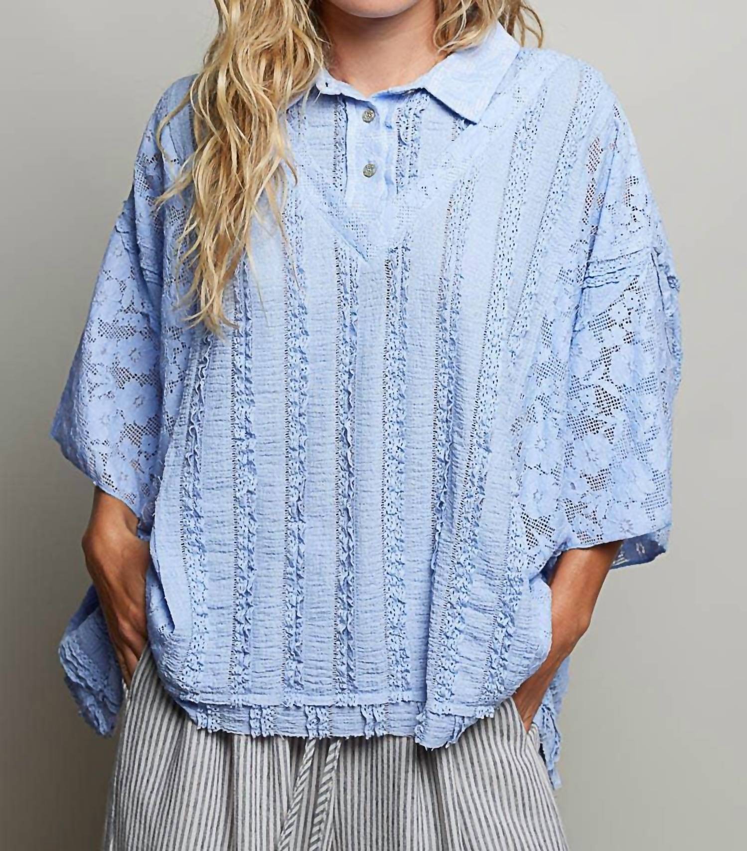 Pol - Lace Patch Solid Lightweight Short Sleeve Collared Knit Top