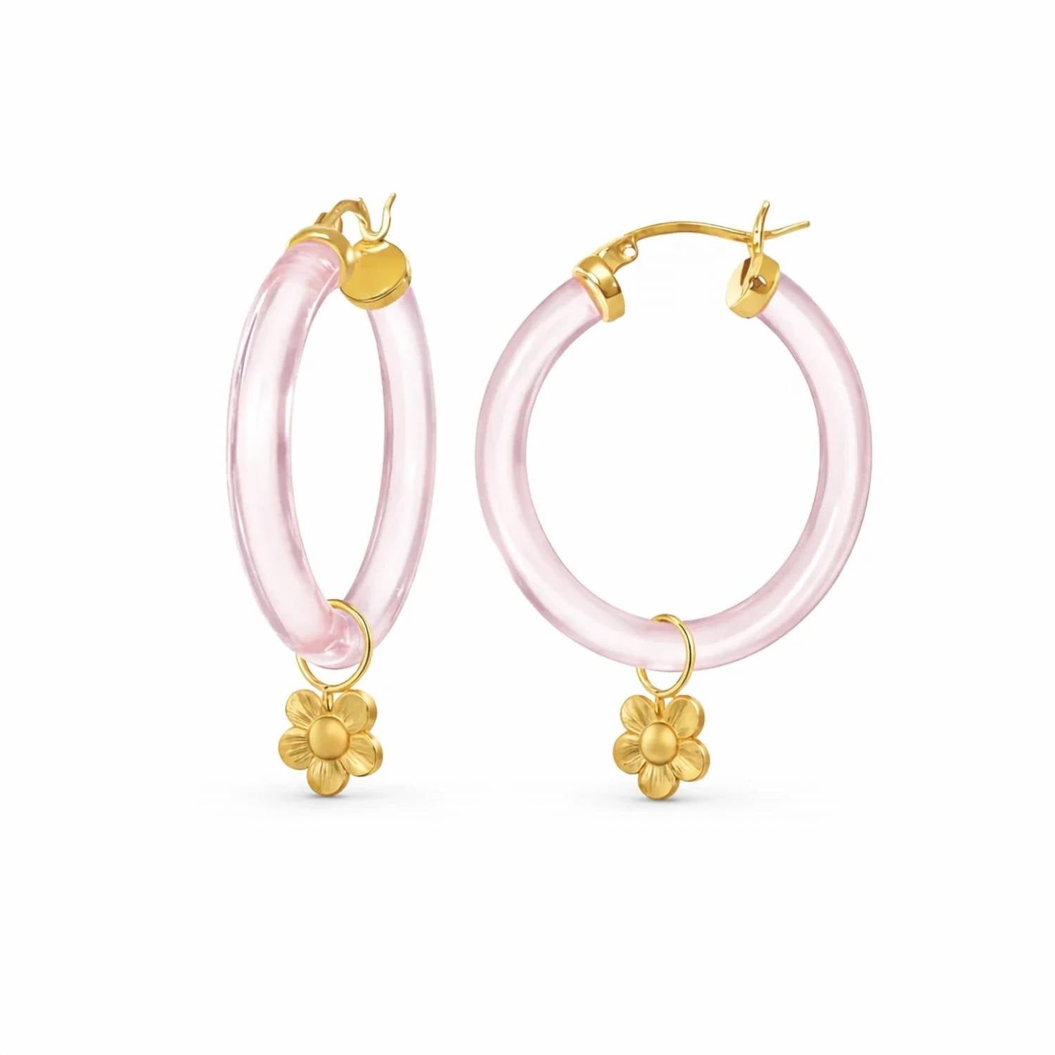 Gold & Honey - Women's Flower Charm Lucite Hoop Earrings