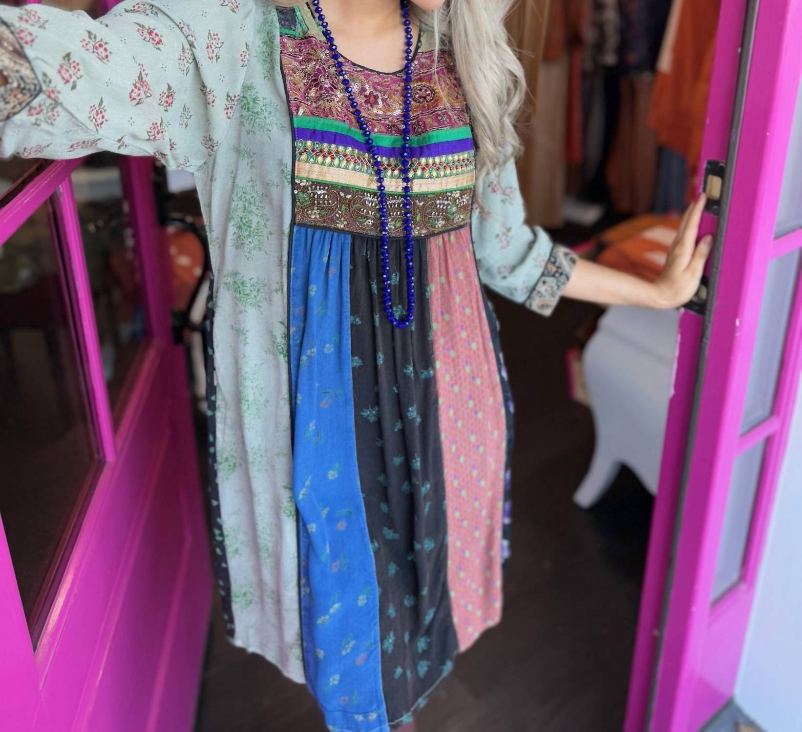Young Threads - Embroidered Patchwork Mini Dress With Pockets