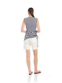 Fifteen Twenty Tia Side Shirred Top in navy with white - women's tank top - detail view