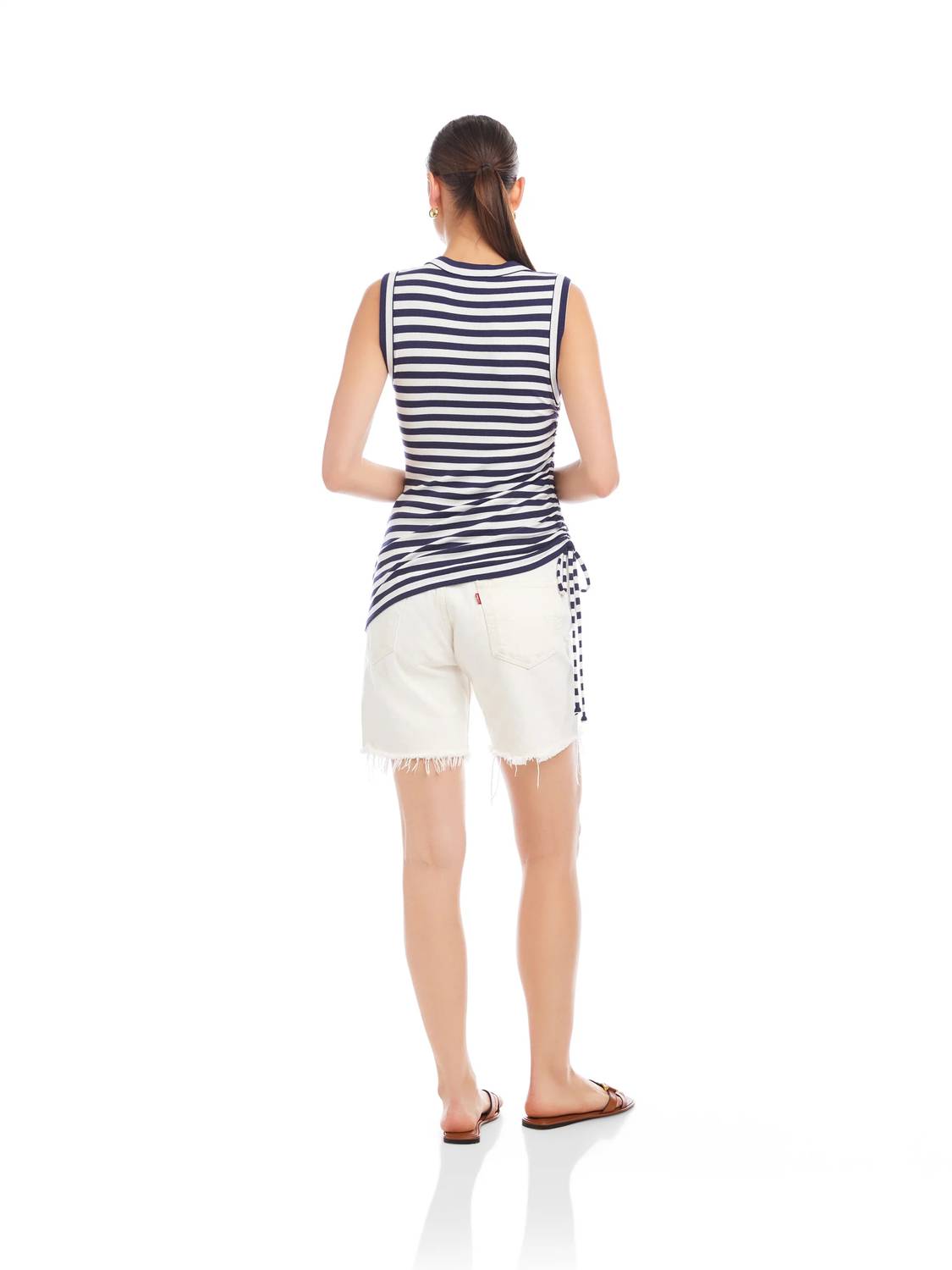 Fifteen Twenty Tia Side Shirred Top in navy with white - women's tank top - detail view