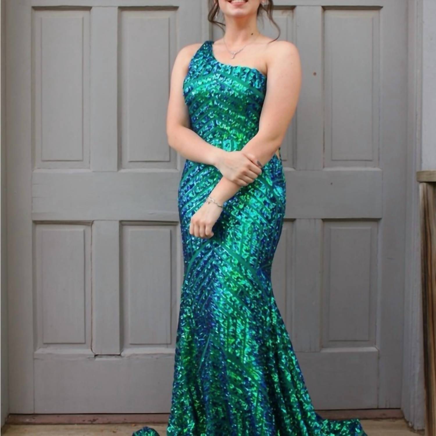 Jovani - One Shoulder Beaded Geometric Sequin Prom Dress