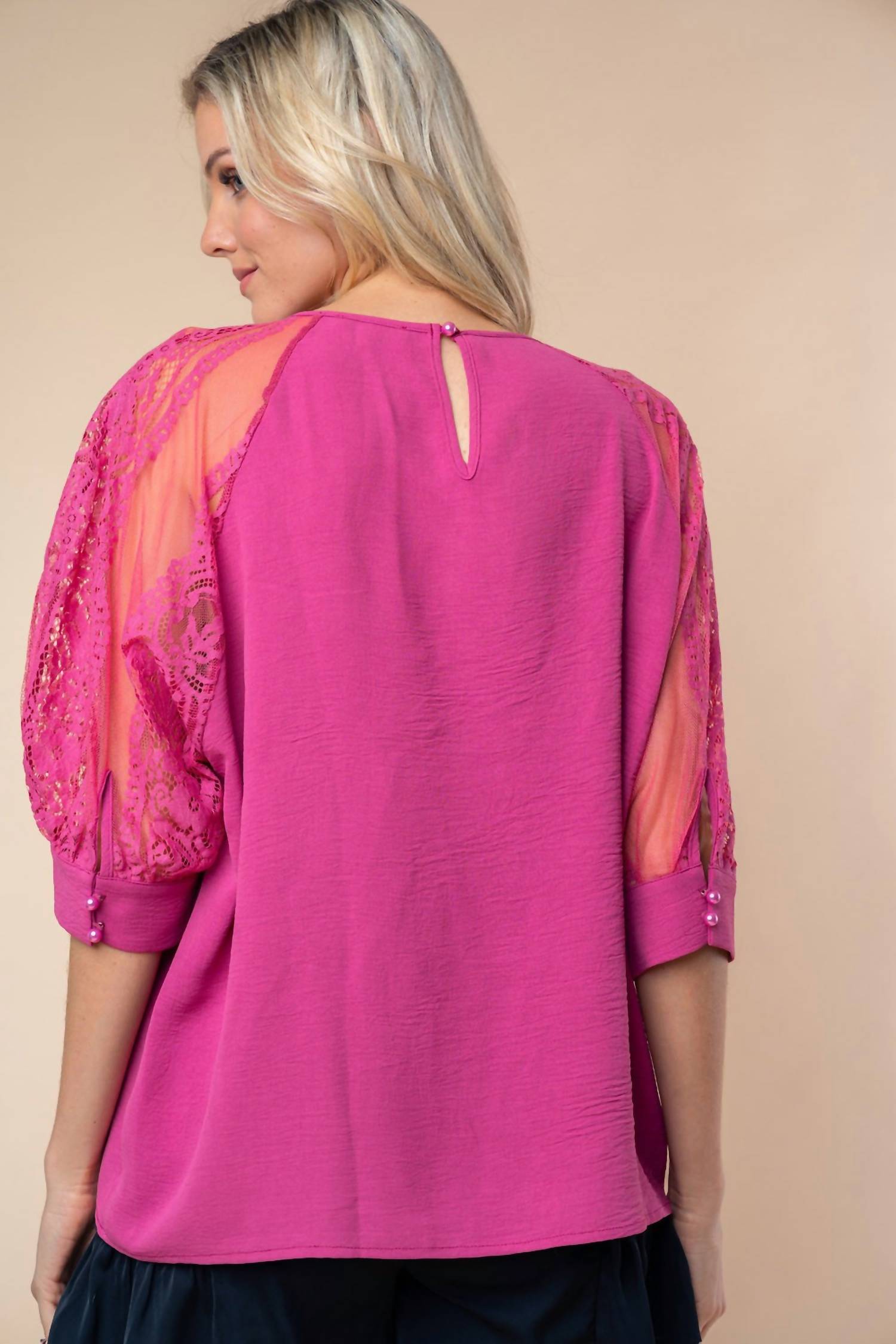 White Birch - Three-quarter Lace Sleeve Top