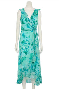London Times - Women's Side Tie Ruffle Wrap Floral Chiffon Maxi Dress