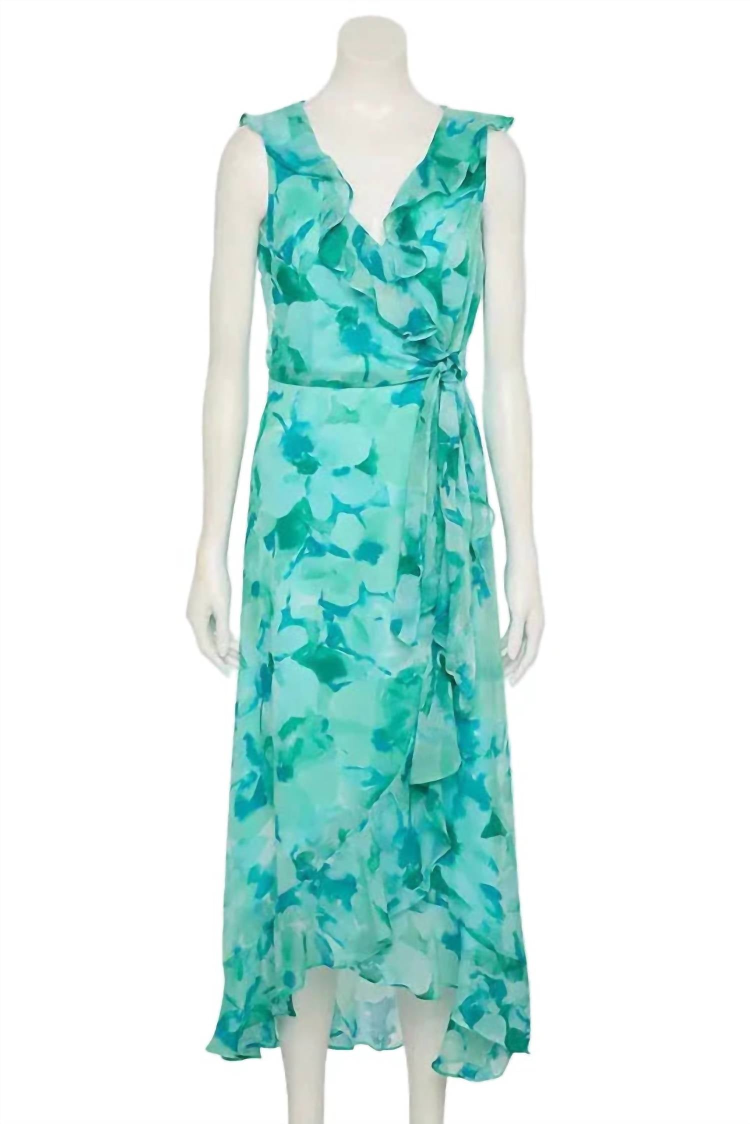 London Times - Women's Side Tie Ruffle Wrap Floral Chiffon Maxi Dress