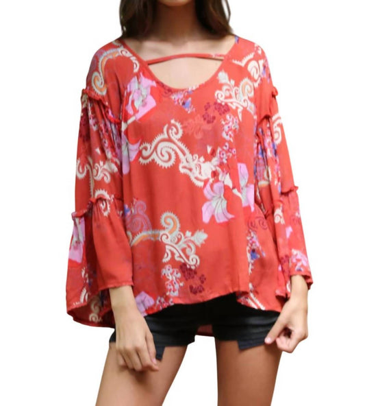 Angie - Floral Ruffle Seam Bell Sleeve Tunic