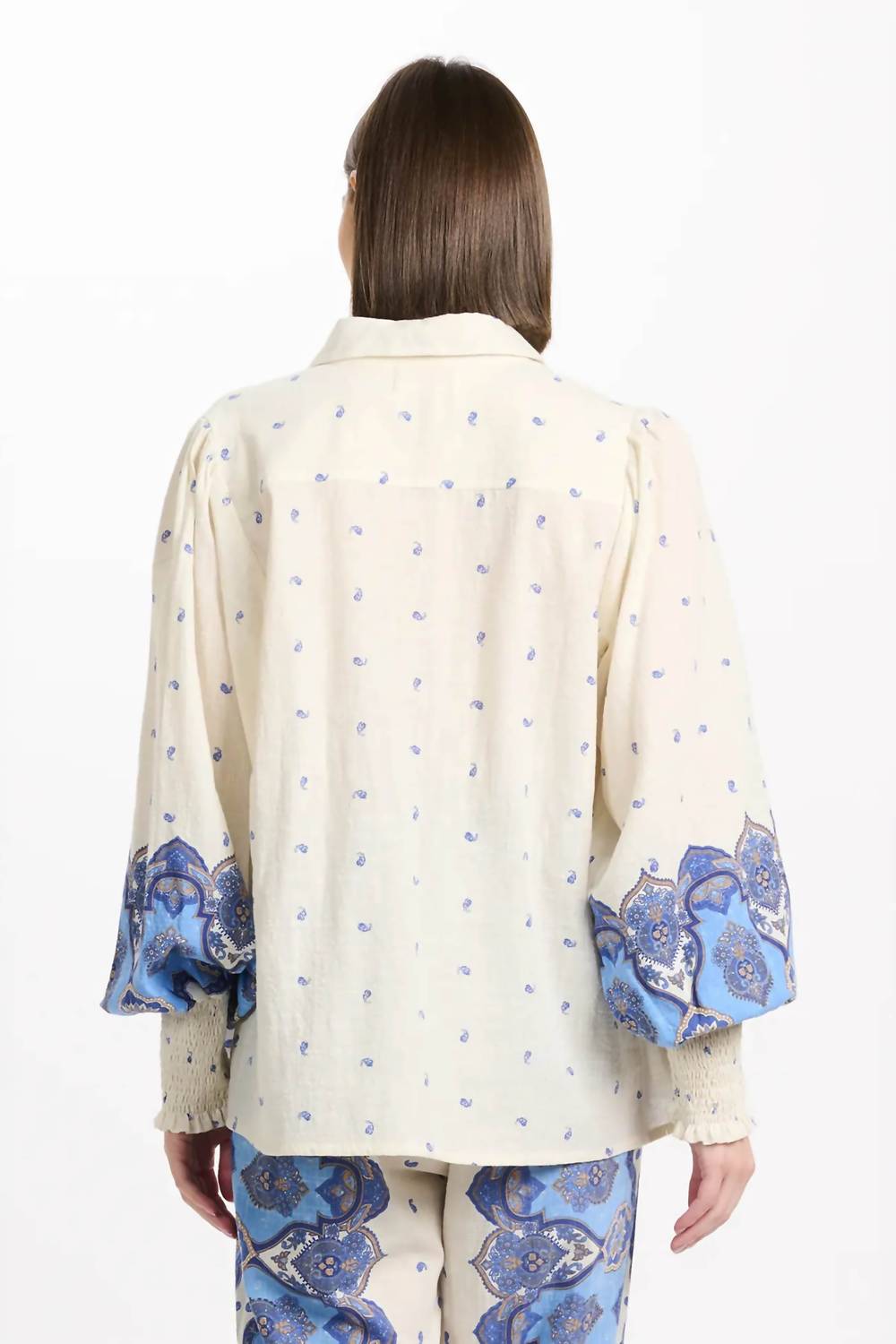 Miss June Paris Viki Boho Shirt in blue paisley print - women's blouse - detail view