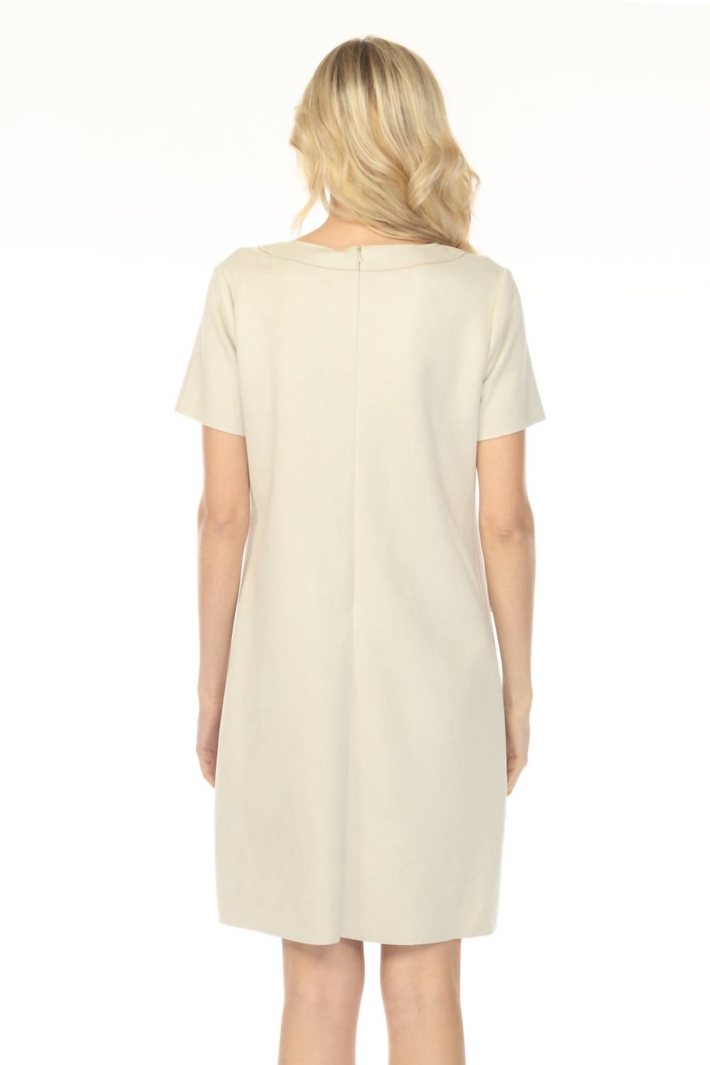 Joseph Ribkoff Scuba Suede Shift Mini Dress in moonstone - women's dress - detail view