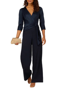 Adrianna Papell - Belted Wide Leg Satin Crepe Jumpsuit