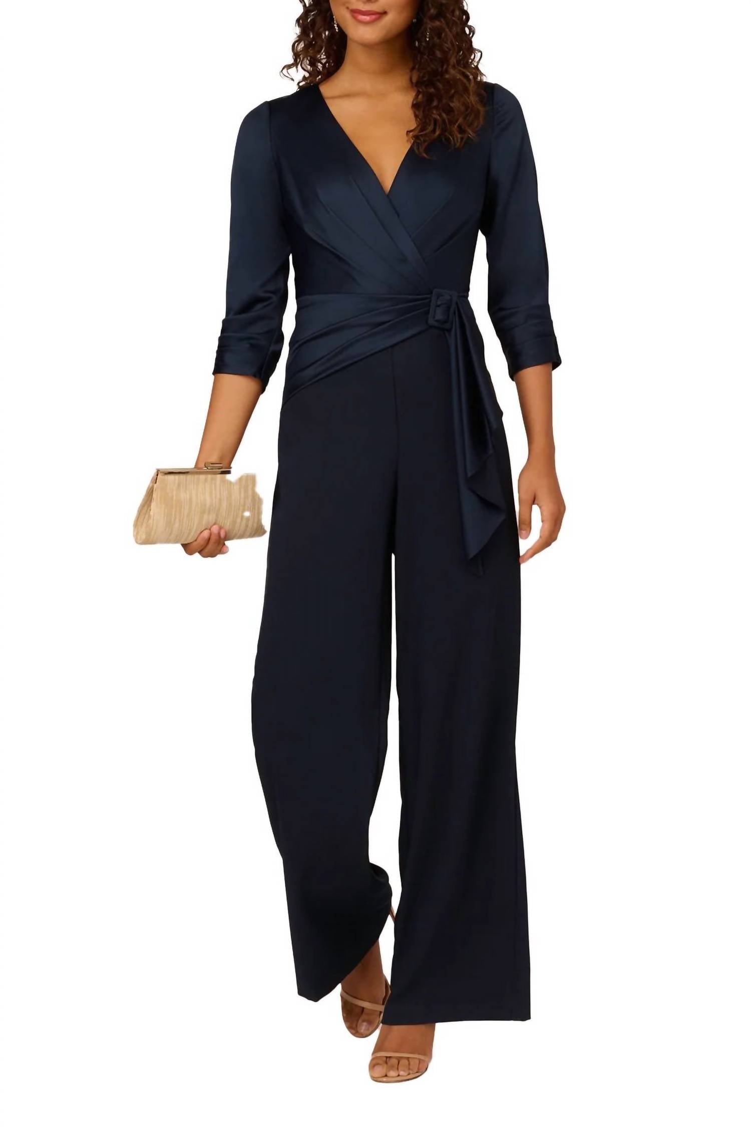 Adrianna Papell - Belted Wide Leg Satin Crepe Jumpsuit