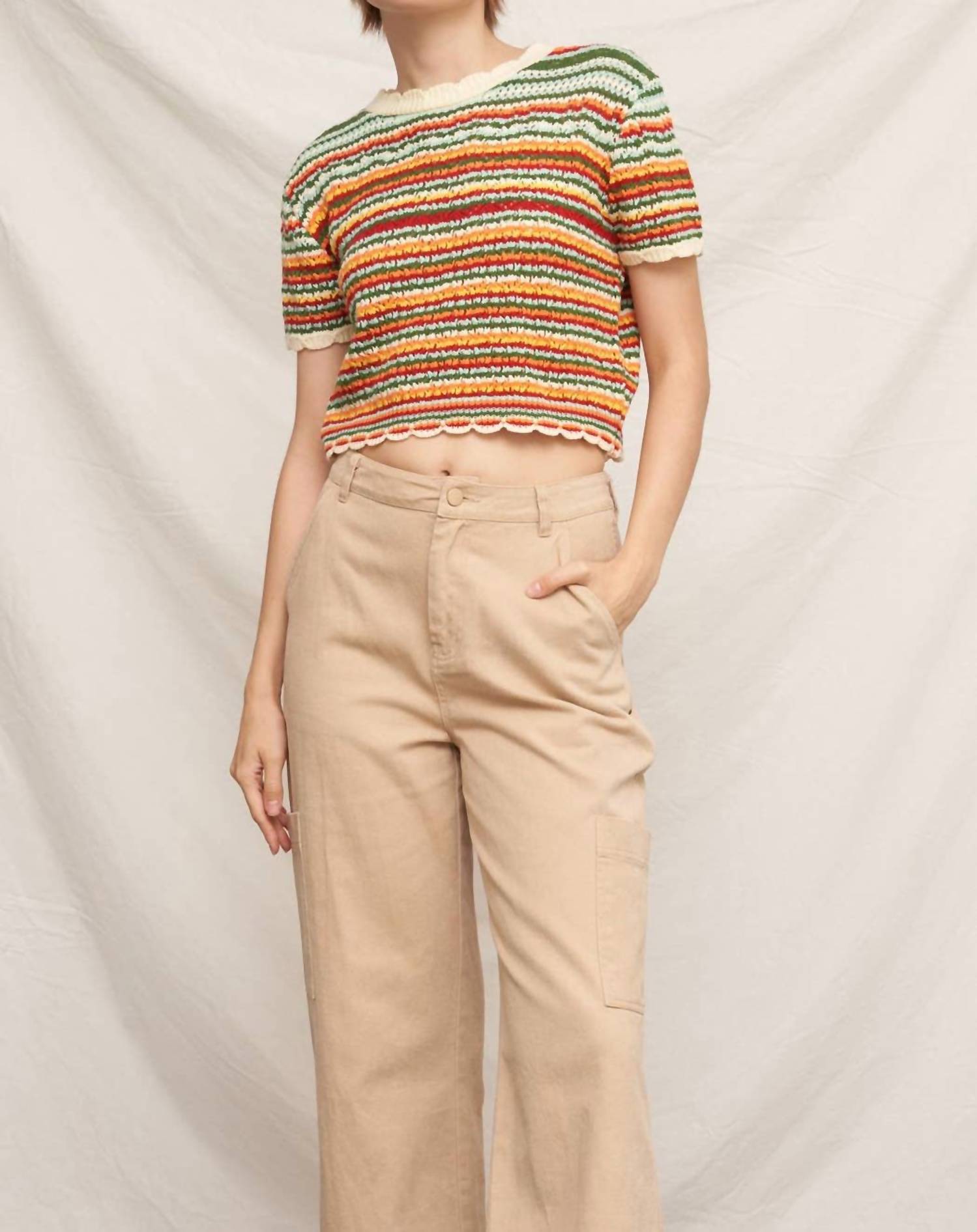 En Creme - Short Sleeve Knit Sweater Cropped Top