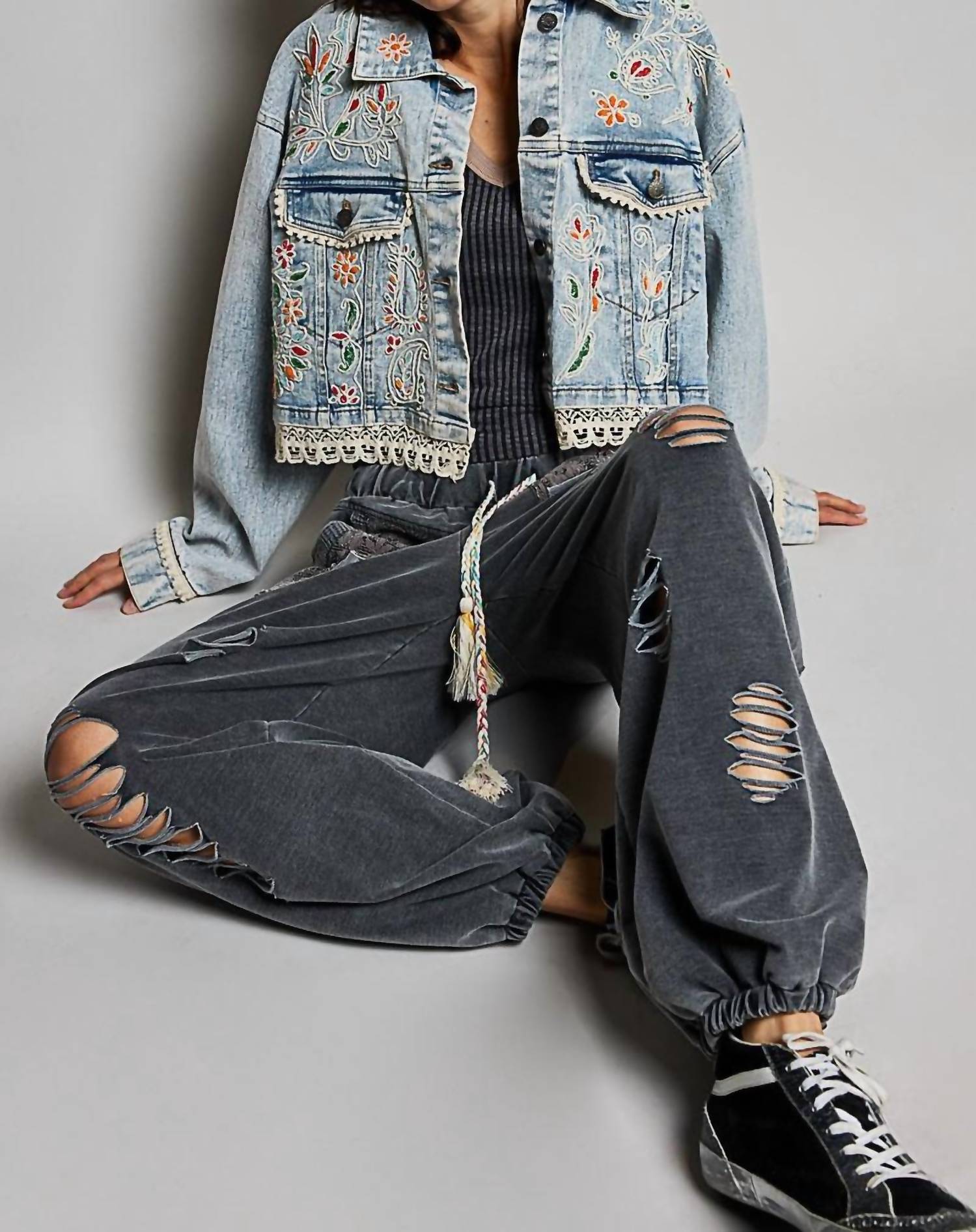 Pol - Shakira Beaded Boho Eyelet Lace Trim Crop Denim Swing Jacket