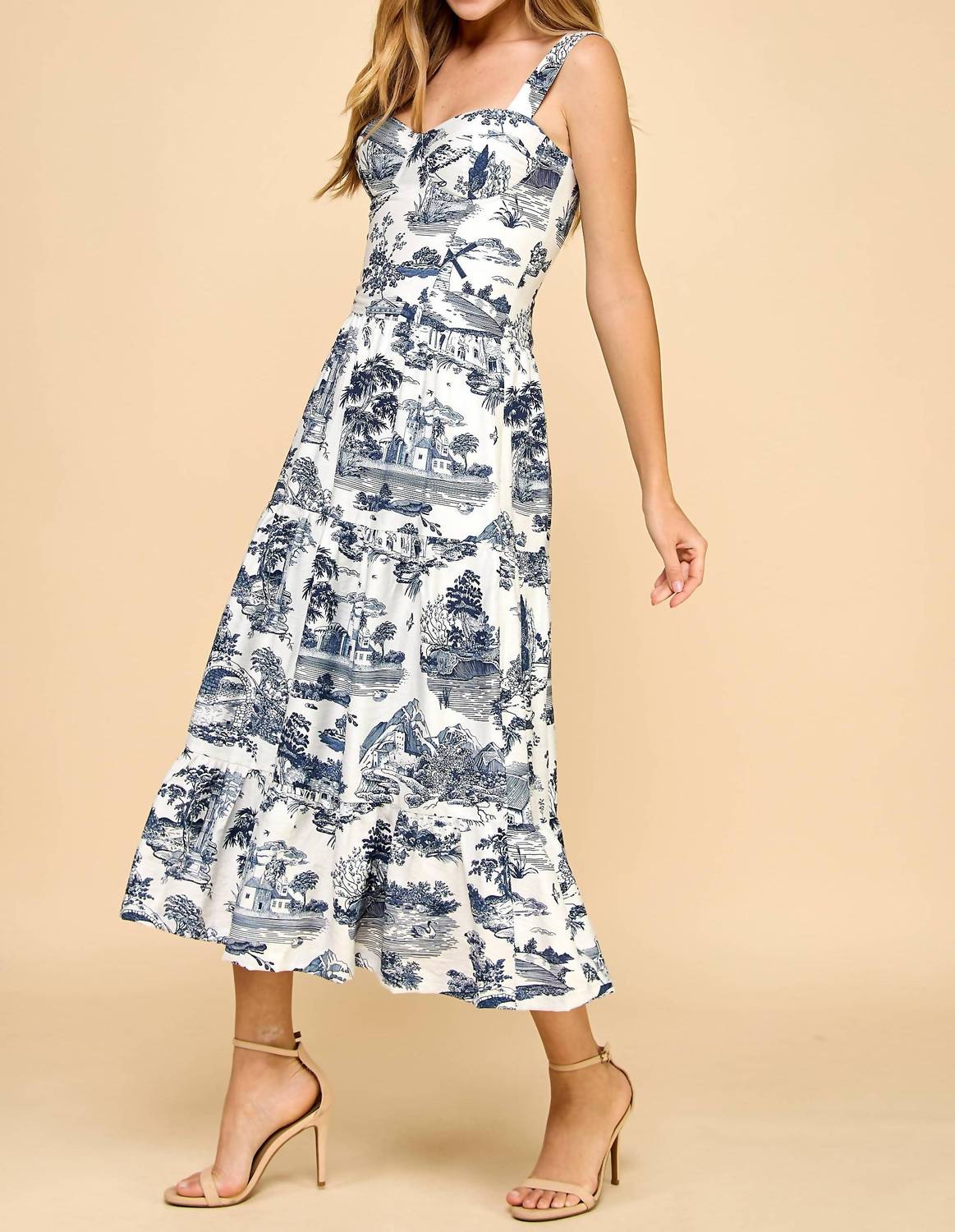 Tcec - Toile Printed Sweetheart Neckline Midi Dress