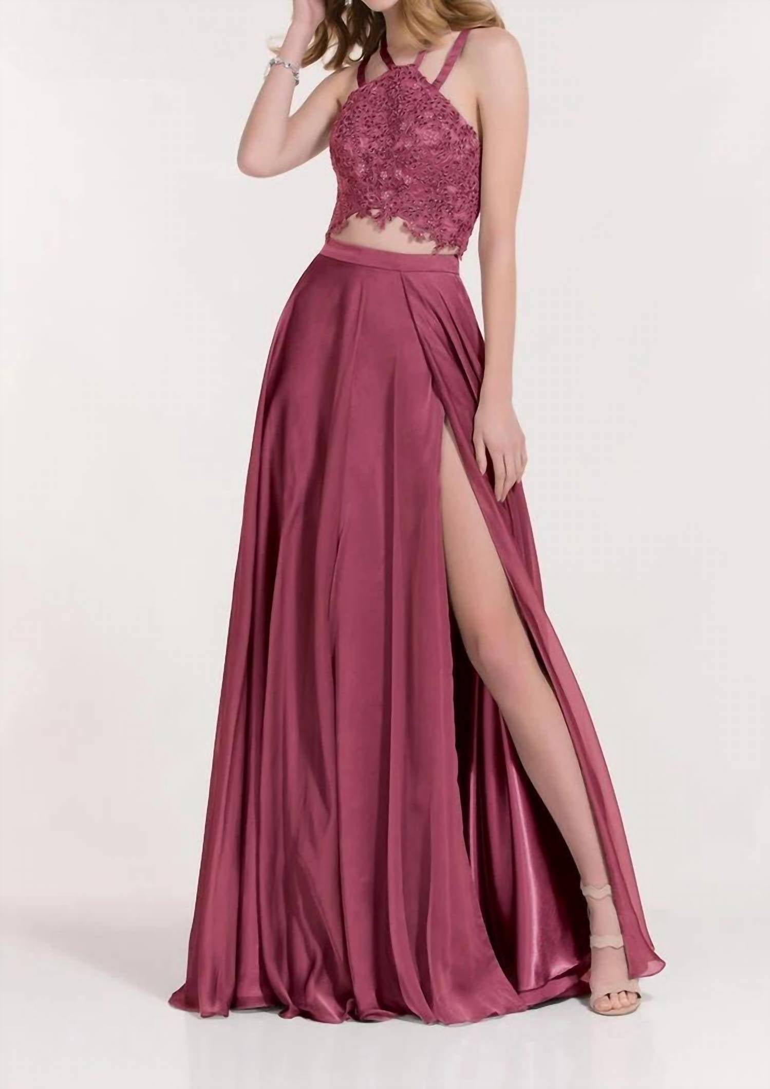 ALYCE PARIS Two Piece Double Halter Straps Crisscross Prom Dress in black cherry - women's dress