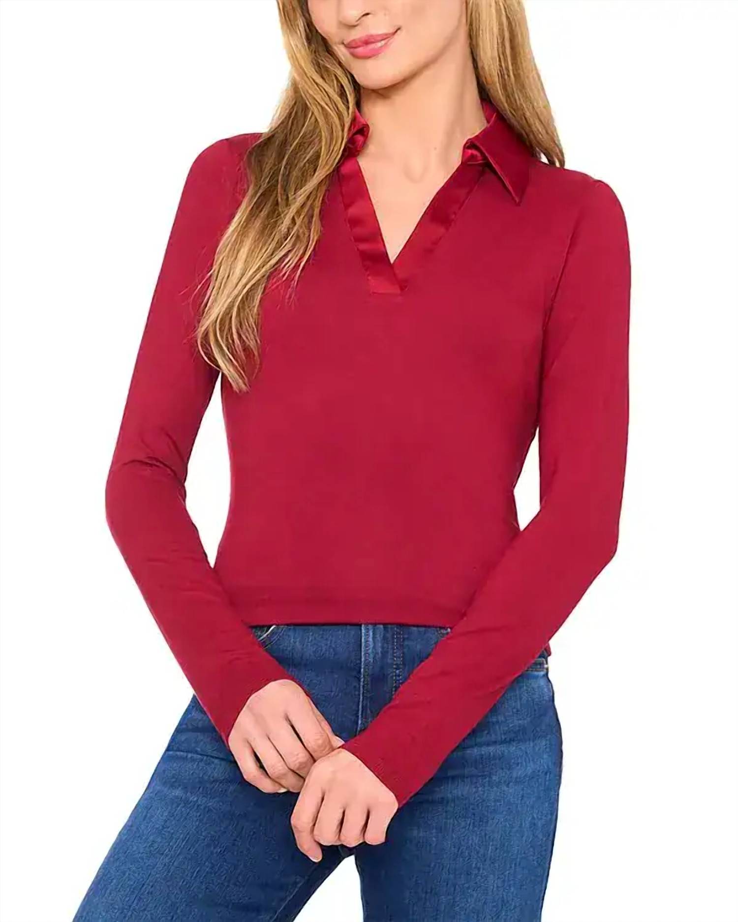 CeCe Collared V-neck Long Sleeve Jersey With Satin Detail Top in mulberry red - women's long sleeve top - detail view