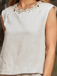 Paparazzi - Linen Beaded Crew Neck Sleeveless Blouse
