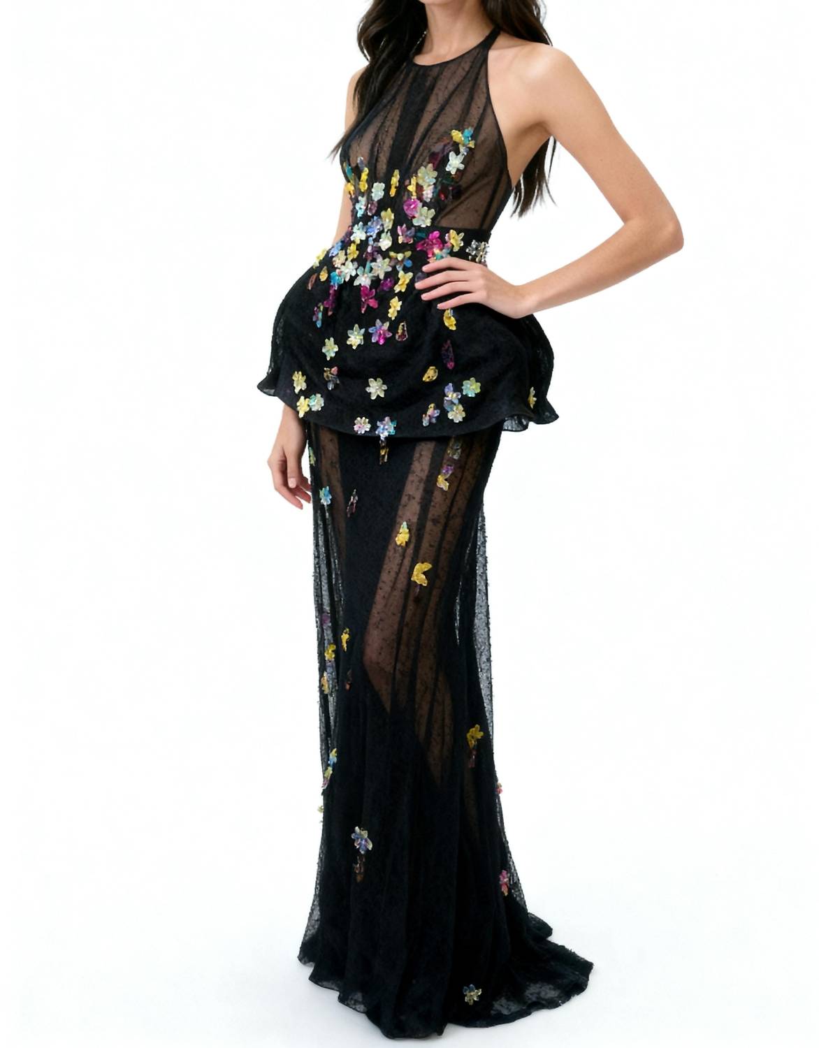 Isabel Sanchis - Sheer Lace 3d Floral Embellishments Gown
