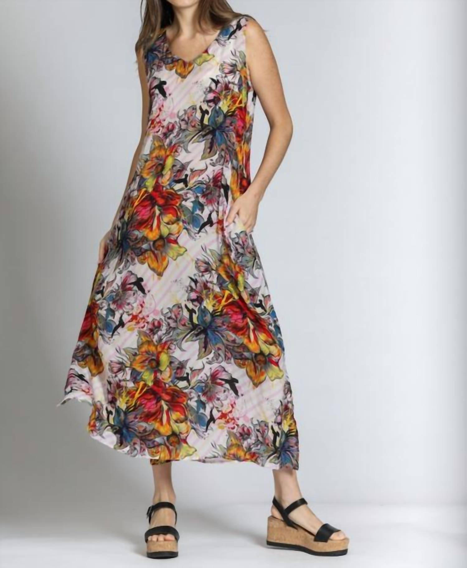 APNY V-neck Tank Long Dress in yellow red multi - women's dress - view 4