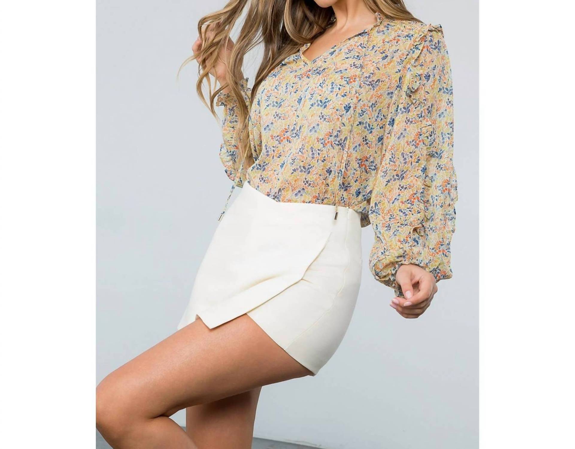 THML Flower Print Long Sleeve Blouse in floral beige - women's blouse - view 7
