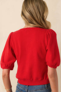 KLd. Signature Puffed Sleeve Cardigan in red - women's cardigan - alternate view